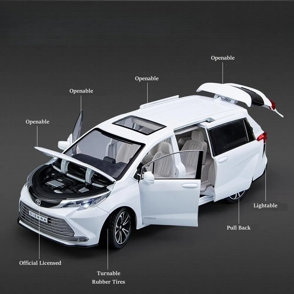 1/24 TOYOTA SIENNA MPV Van Diecast Toy Car Model Miniature Pull Back Sound & Light Doors Openable Collection Gift For Boy Kid 2