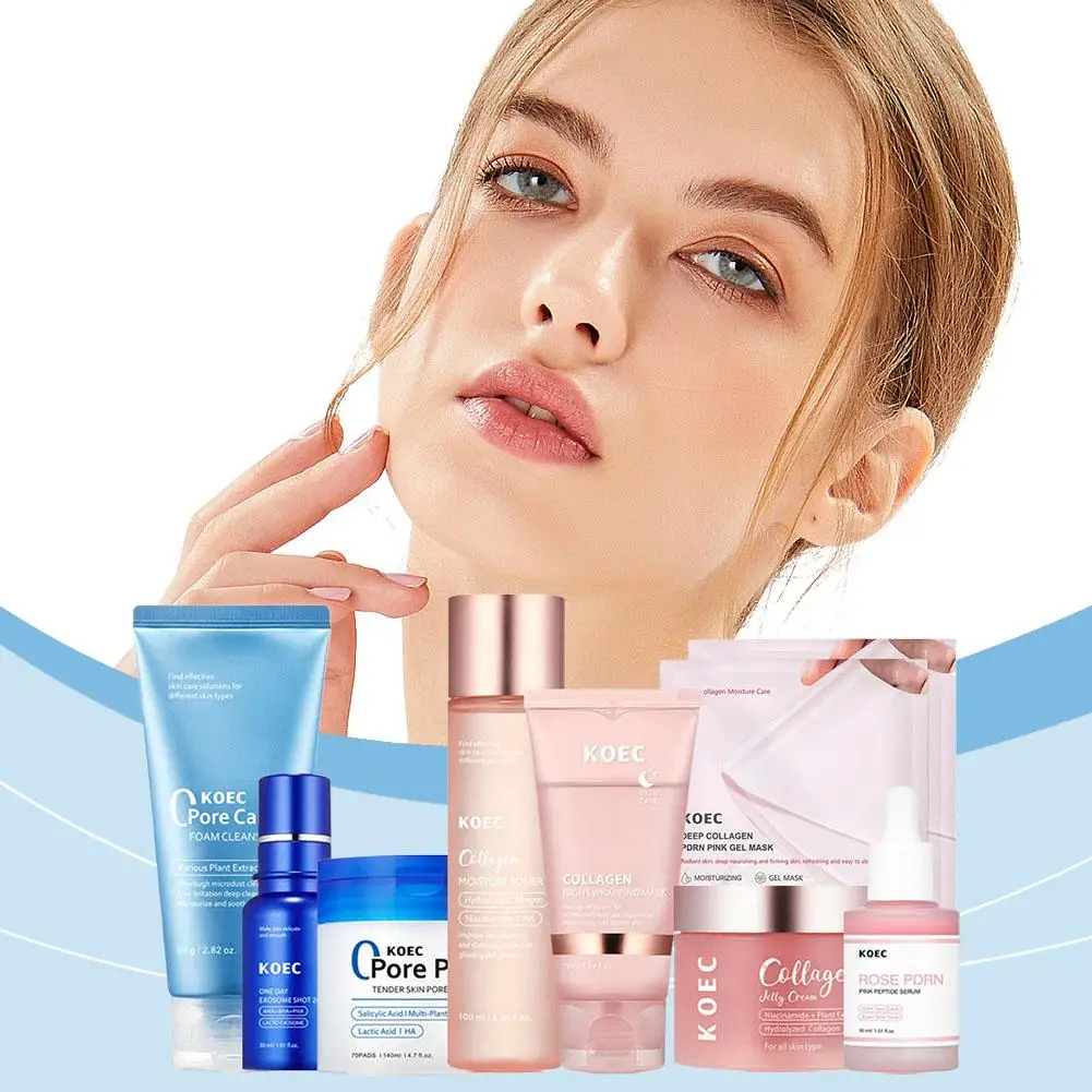 8pcs/set Collagen Facial Skincare Set Face Cream Serum Firming Moisturizing Facial Cleanser Toner Korean Face Care Set