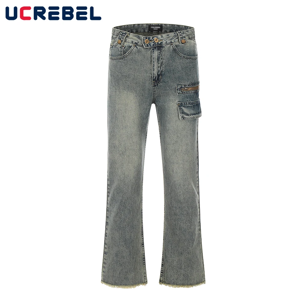

Washed Retro Denim Pants Mens High Street Distressed Raw Edge Loose Flared Trousers Men