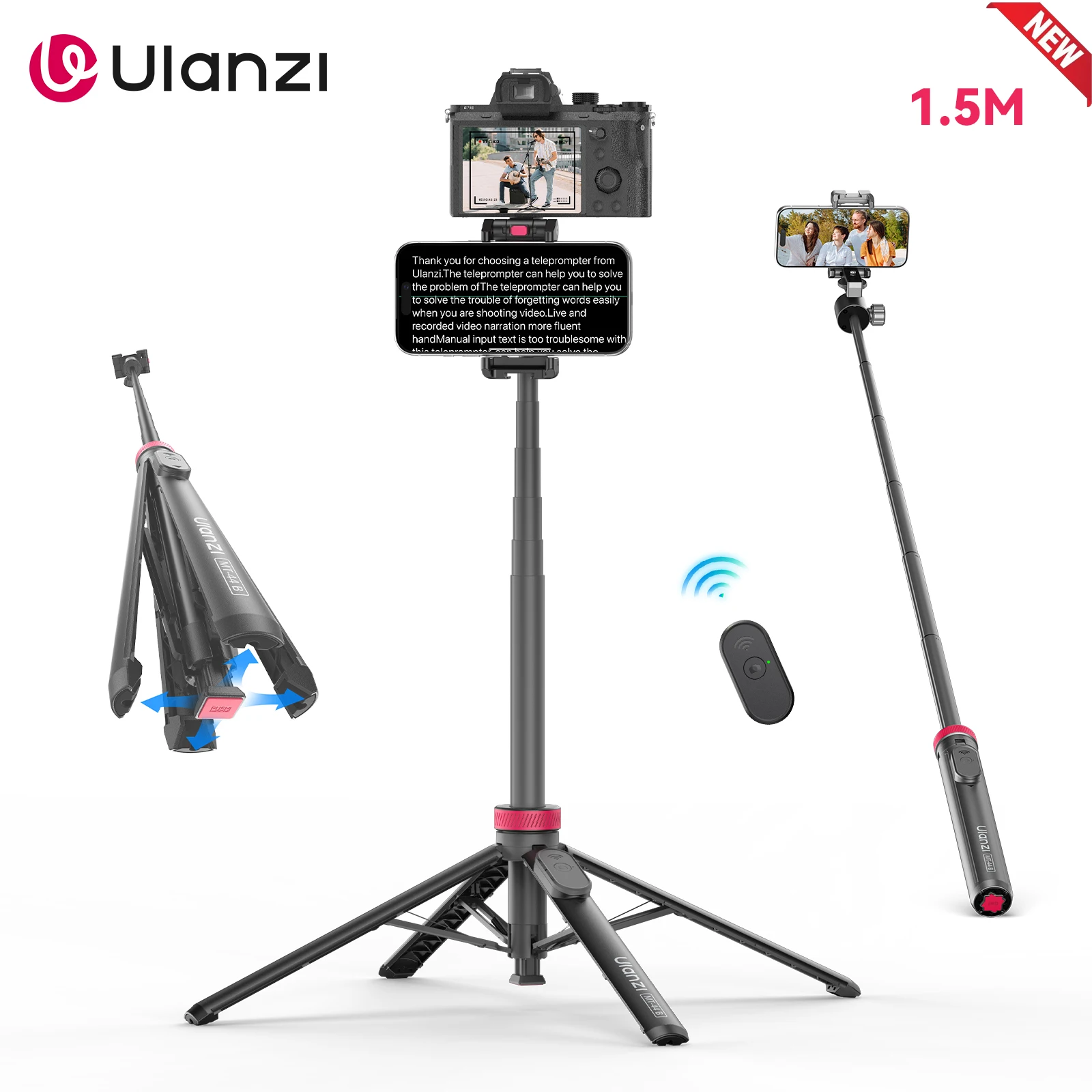 Tripé para Telefone Ulanzi MT-44B 1.5M com Suporte Automático e Clampe para Configuração de Câmera Dupla 360 ° Bastão de Selfie Extensível com Cabeça Esférica