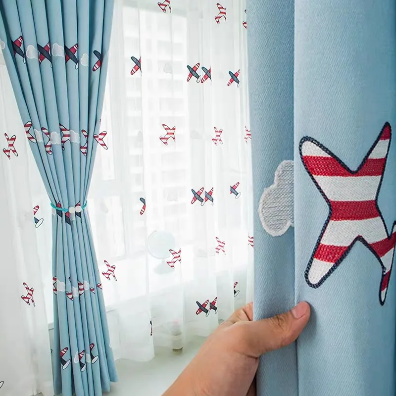 

Cartoon Airplane Embroidery Children's Room Bedroom Boy Curtains for Living Dining Room Bedroom Balcony Window Drape Custom
