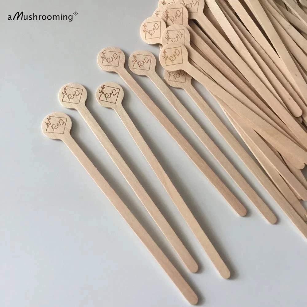 100pcs Cocktails Stirrers Drink Sticks with Initials Vintage Party Round Wooden Swizzle Stirrers Cocktail Party
