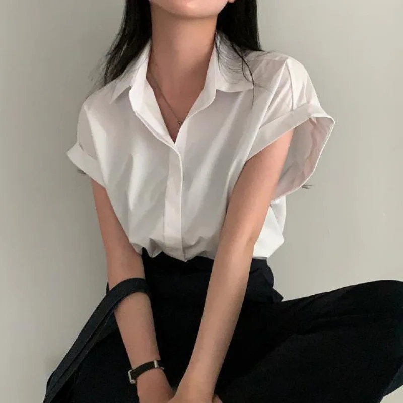 여성용 캐주얼 V넥 솔리드 셔츠 블라우스, 오피스 레이디 용수철, 우아한 반팔 슬림 셔츠, 화이트 탑, 여름 패션, 2024
