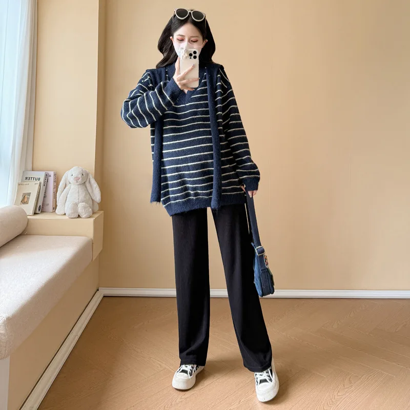 임산부 가을 겨울 루즈핏 캐주얼 슬림핏 V넥 숄 스트라이프 스웨터와 와이드 팬츠 세트