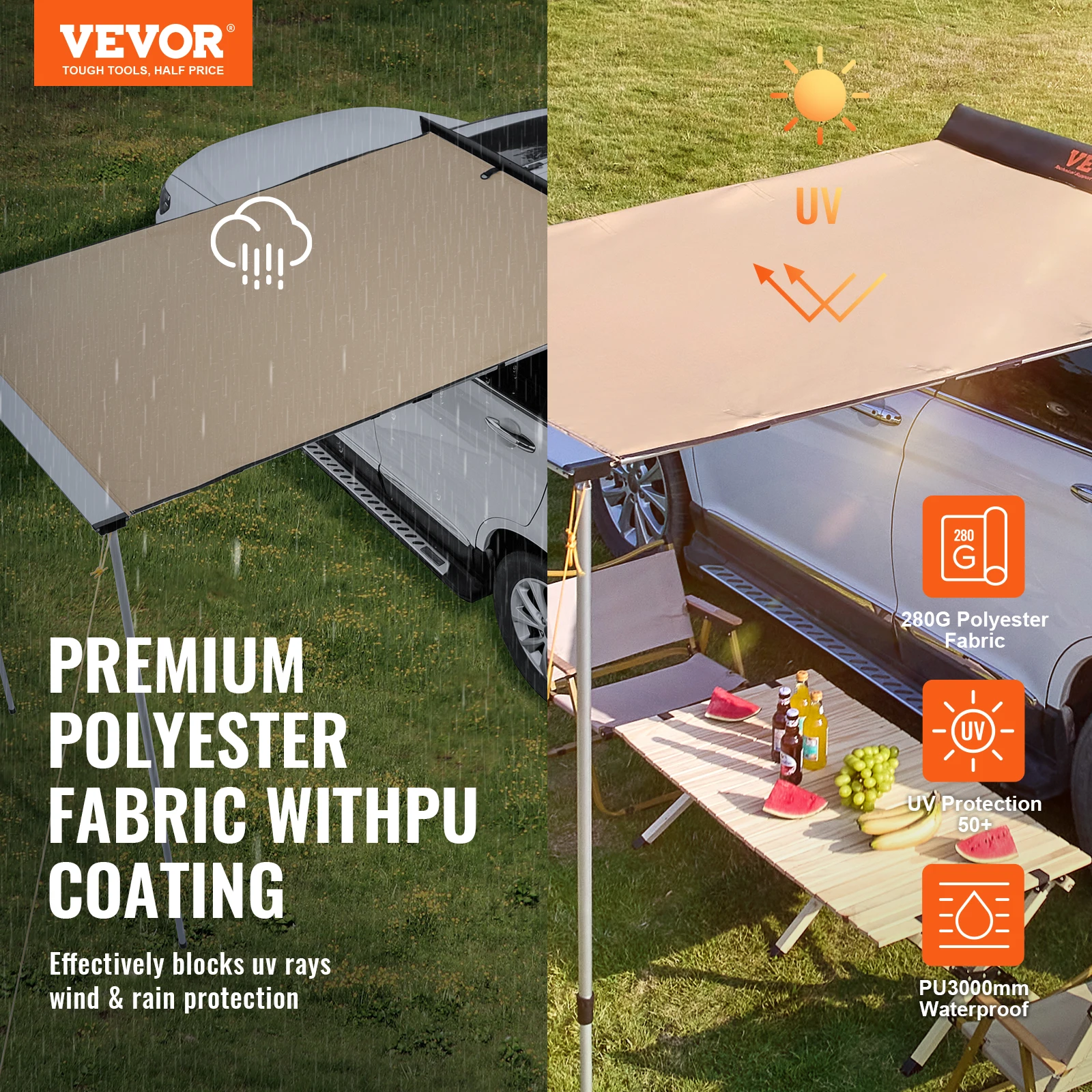 Sunshade Window Awning VEVOR Car Side Awning 4.6"x6.6" Shade Coverage PU3000mm UV50+ Retractable for Truck/SUV/Van/Campers