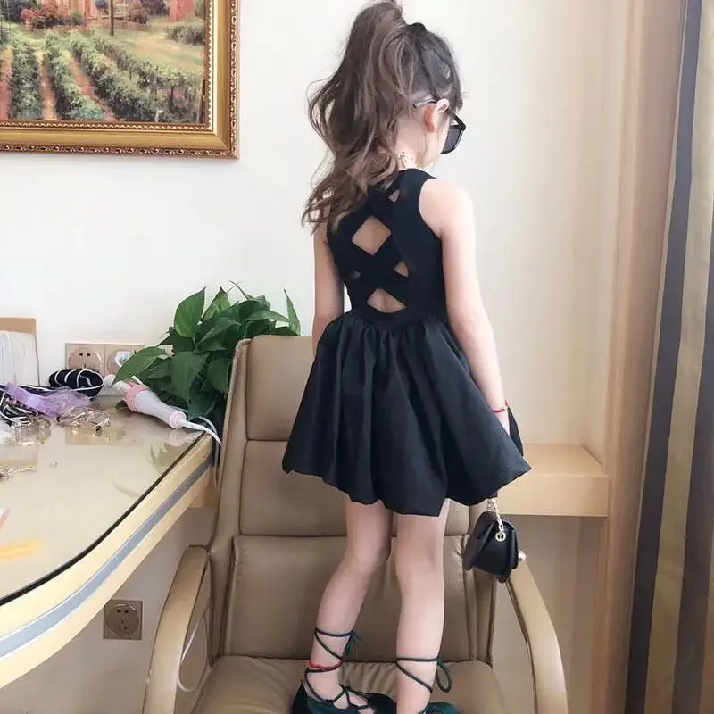 

2023 Summer Girls Elegant Goth Dresss Black Sleeveless Tutu Dress Backless Off Shoulder Party Kid Dresses 4 5 6 8 Years Old