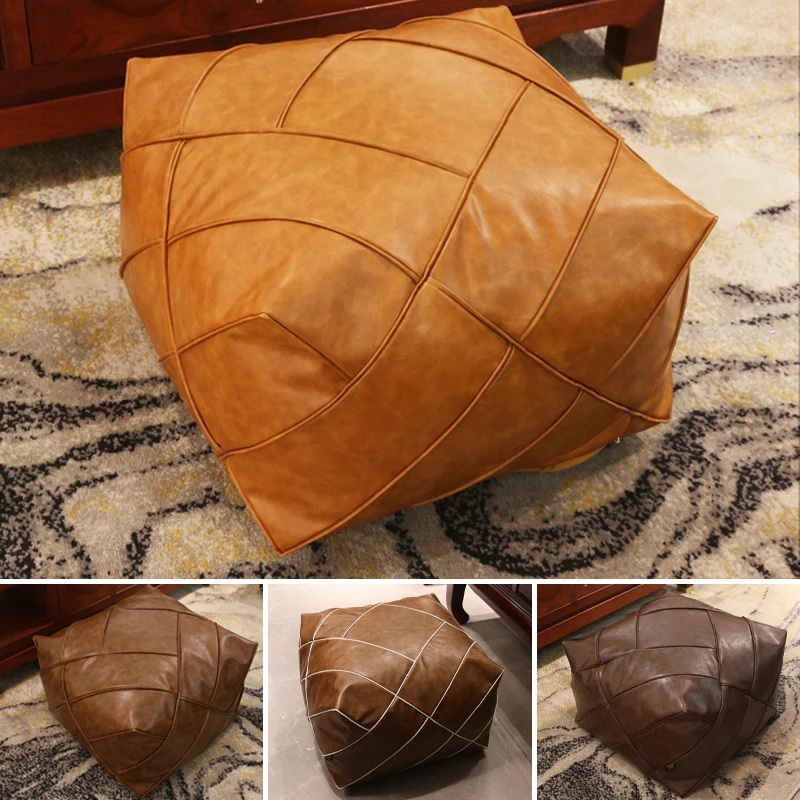Upgraded Moroccan PU Leather Seat Pier Cushion Cover Floor Tatami Square Futon Lazy Sofa Stool Footstool Folk Decor Chair Cover