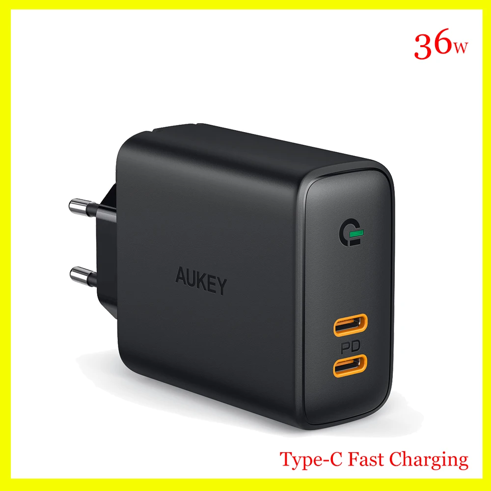 Aukey Pa-D2 65W Omnia Duo Ricarica Rapida A Doppia Porta Pd Usb-C Caricabatterie Da Parete Spina Ue Per Smartphone Tablet Accessori