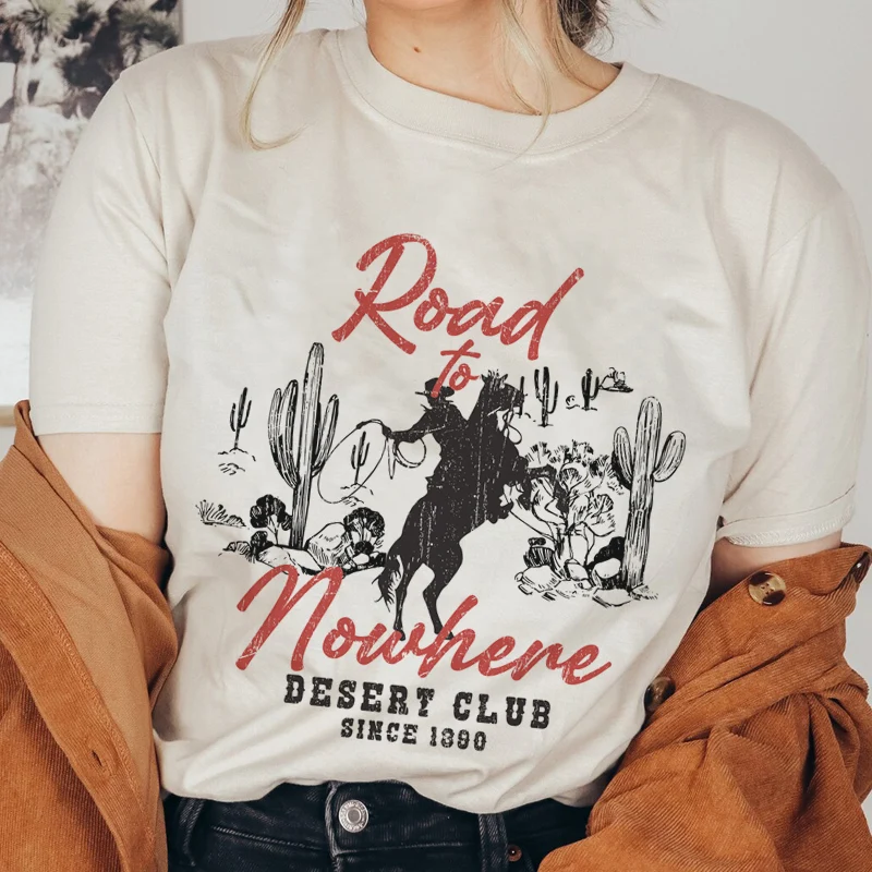 

Road To Nowhere Western Vintage Tshirt Femme Short Sleeve Rodeo Cowboy Desert Graphic Tees Women Cowgirl Retro Boho T-Shirt Top