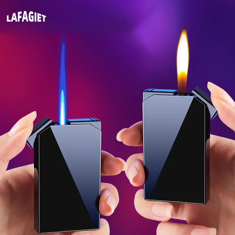 Dual Flame Butane Gas Lighter Outdoor Windproof Blue Fire Turbo Jet Flame Cigar Lighter Gradient Creative Men Smoking Gadgets butane gas lighter cigarette lighter
