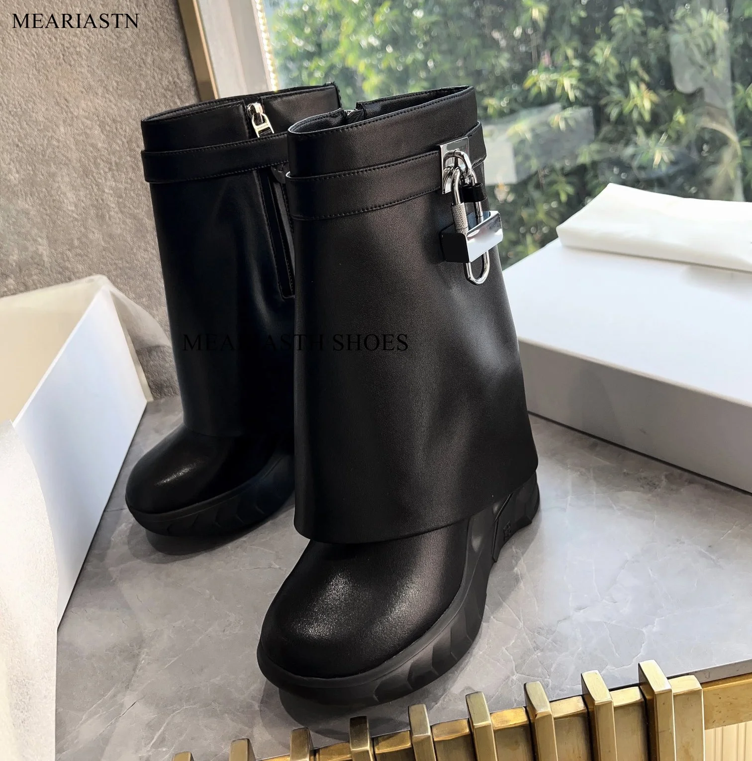 

Padlock Detail Height Increasing Knee High Boots Thick Graphic Rubber Sole Calfskin Leather Slip-on Winter Women's Punk Boots