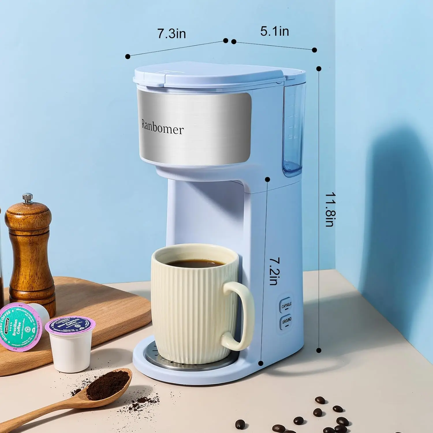 Single Serve Coffee Maker, K Cup and Ground Coffee Machine 2 in 1, 6 to 14 Oz Brew Sizes, Mini One Cup Coffee Maker(Blue) 2