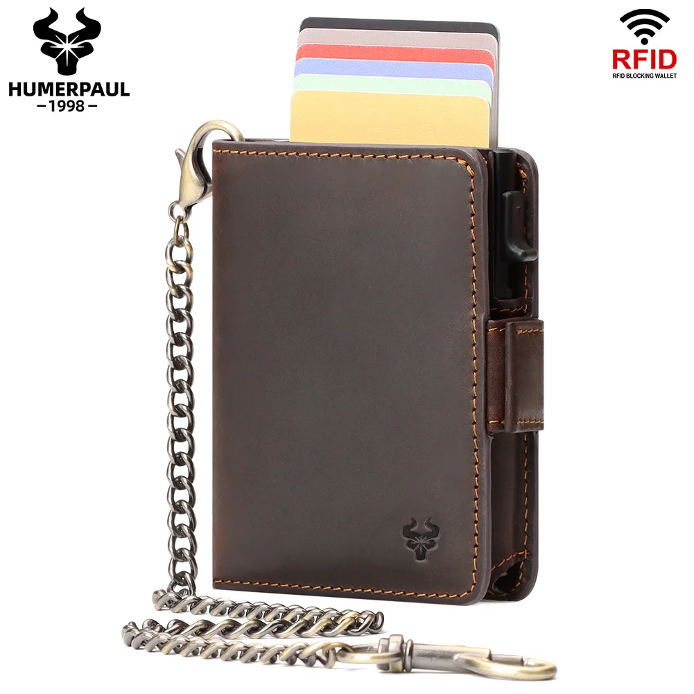 Crazy Horse Lederen Kaarthouder Rfid Blocking Card Case Smart Pop-Up Kaarthouder Mode Heren Portemonnee Met Lange Anti-Diefstal Ketting