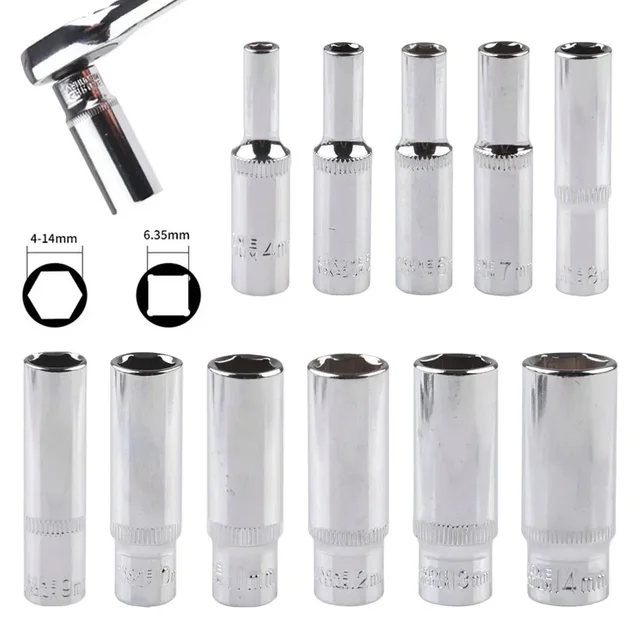 1pc 1/4 Hex Socket Adapter Chromium-vanadium Steel Deep Socket Wrench Head Sleeve For Ratchet Wrench Auto Repair Hand Tool 2