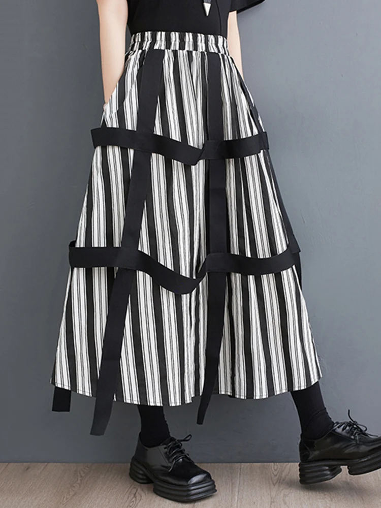 Black Vintage High Waist Stripe Spliced Ribbon Skirt Women Fashion Pocket Loose Casual Long Skirts Clothes New Summer 2025