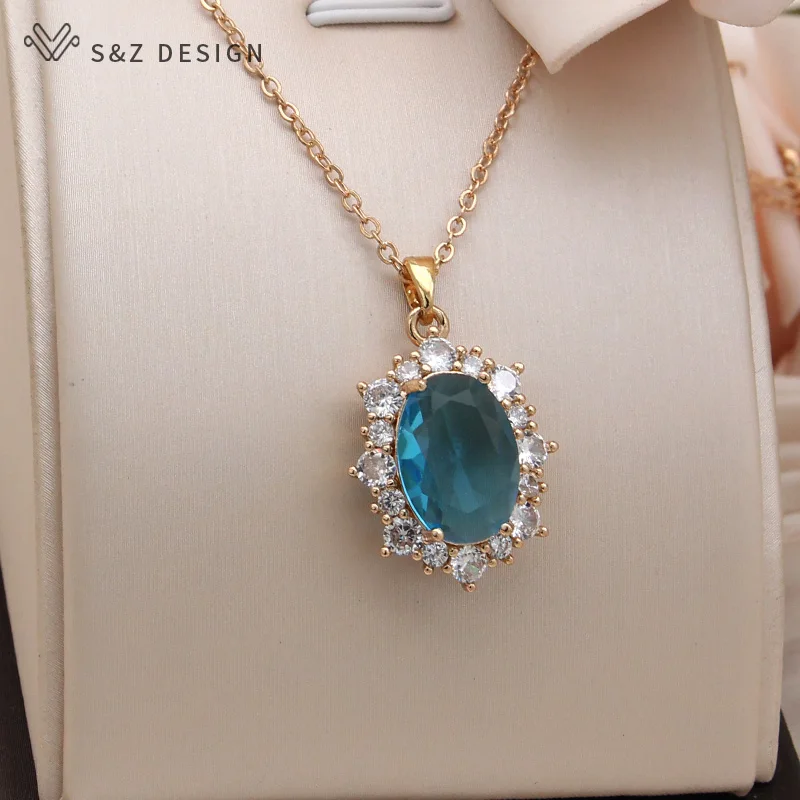 S&Z DESIGN New Fashion Egg Shape Oval Cubic Zirconia Pendant Necklace For Women  Wedding Elegant Champagne Gold Color Jewelry