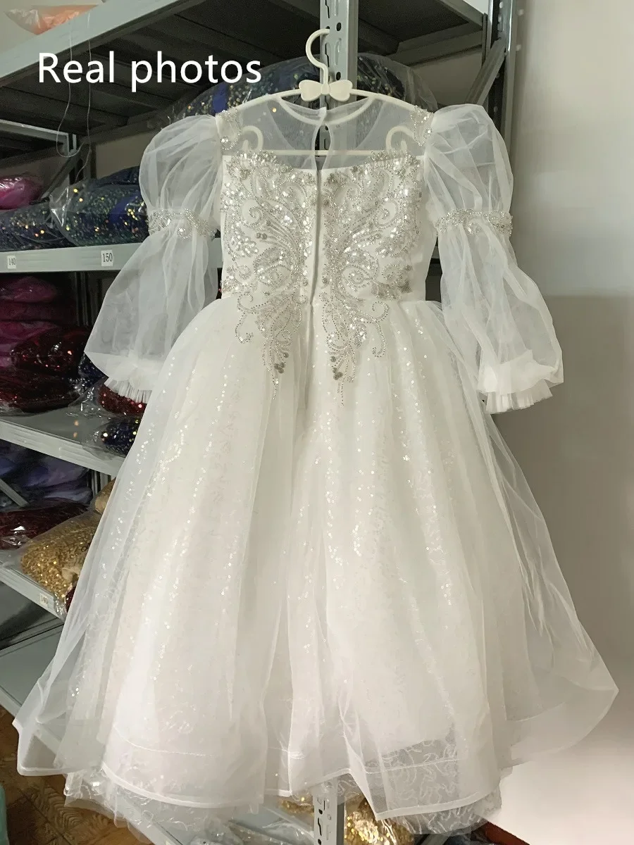 New Year Party Flower Girls Dress for Wedding Evening white Children Princess Pageant Long Gown Kids Dresses for Girls Clothes