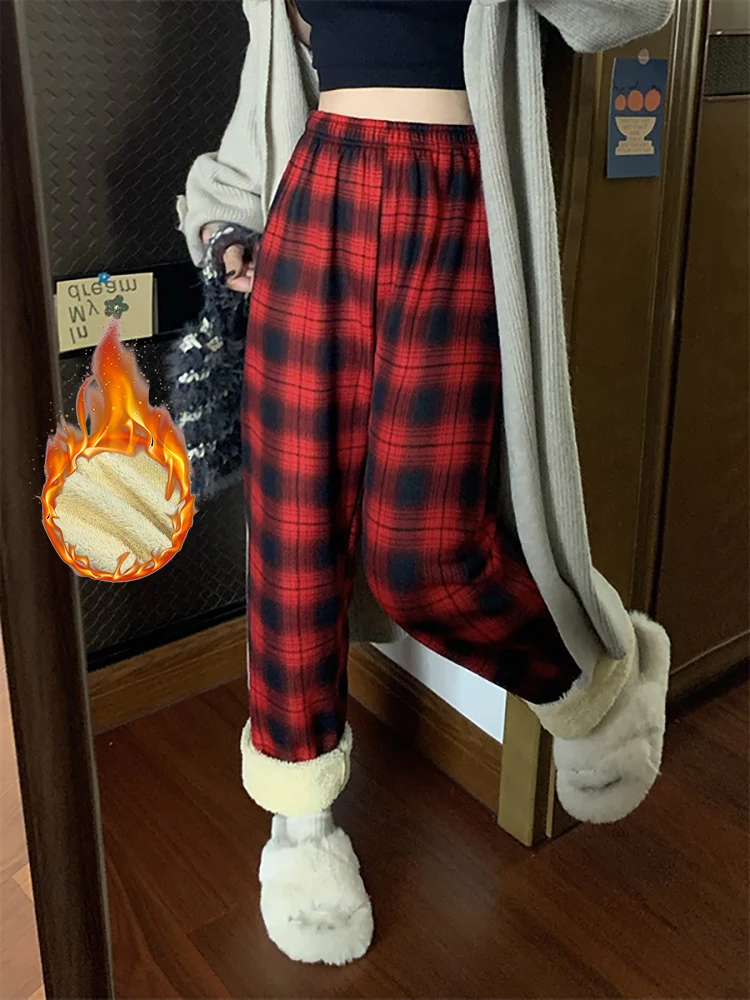 Polyester Plaid Wide Leg Pants for Women Fall Winter