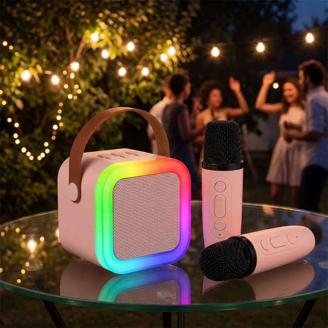 듀얼 무선 마이크 노래방 기계 휴대용 블루투스 스피커 RGB 조명 음성 변조 지원 USB/TF/AUX 성인용 어린이용
