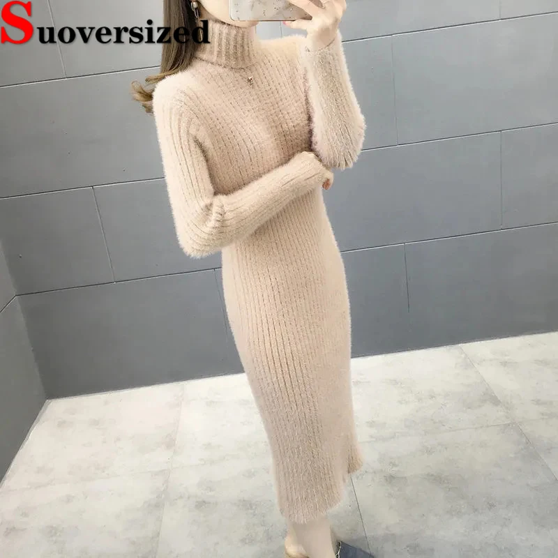 

Turtleneck Thick Imitation Mink Dress Fall Winter Warm Knitted Dresses For Women Elegant Slim Long Sleeve Bottomed Vestidos