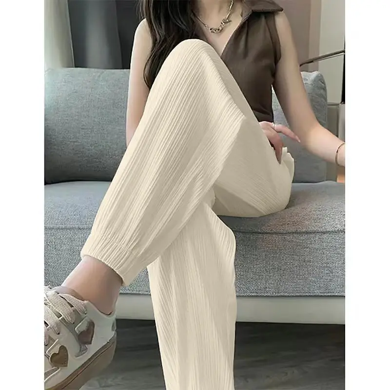 Ice Silk Casual Wide Leg Harem Pants Trousers Solid Elastic Waist Women Clothing Sweet Streetweat Summer Ankle-Length Pants New