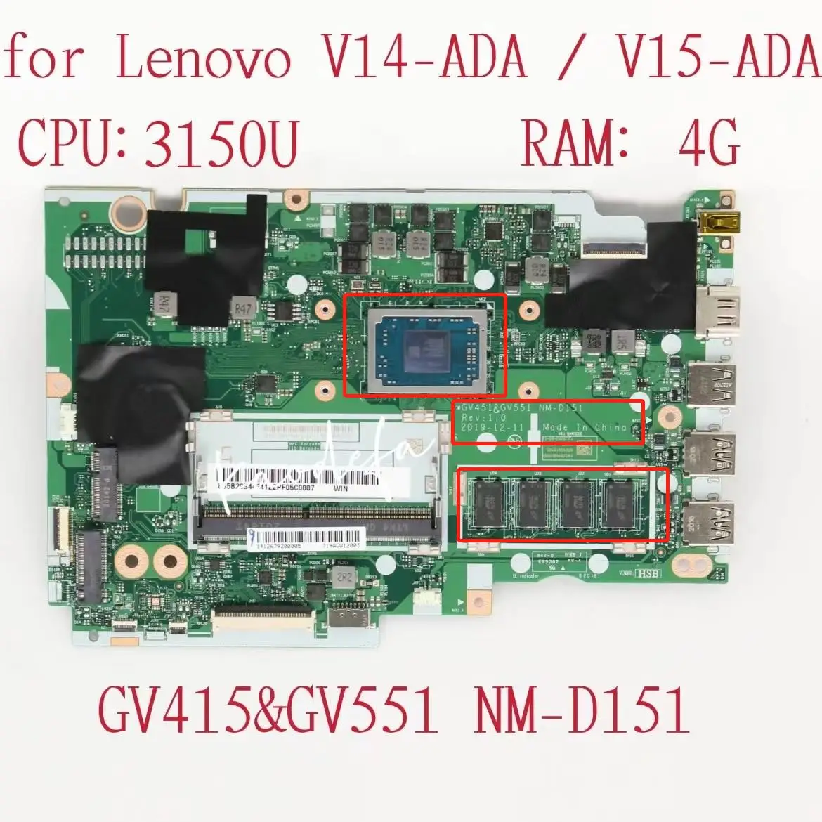 

GV451 GV551 NM-D151 Mainboard For Lenovo V14-ADA /V15-ADA Laptop Motherboard CPU:3150U RAM:4G FRU:5B20S44347 5B20S44348
