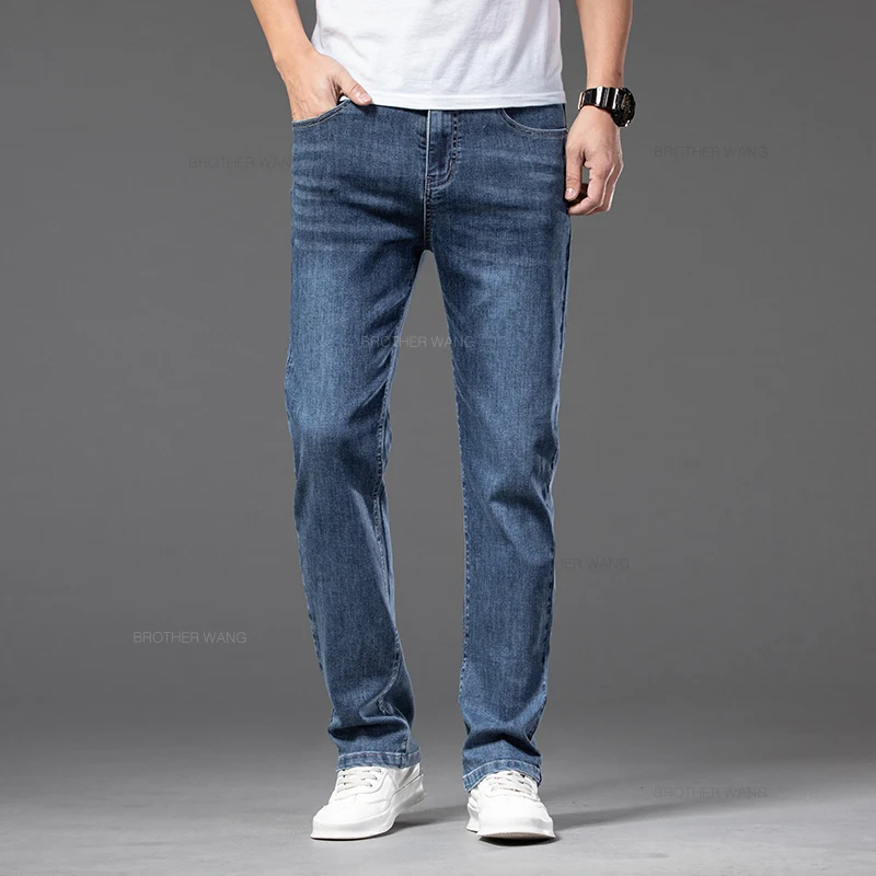 2024 Summer New Men's Thin Jeans Elastic Waist Loose Straight Comfortable Casual Denim Pants Brand Trousers Plus Size 40 42 2