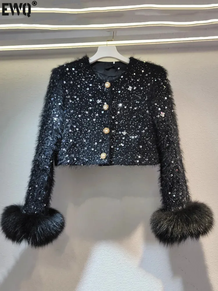 

[EWQ] Socialite Luxury Sequined Burrs Patchwork Long Sleeve O-neck Single Breasted Short Coats Casual Thick Warm Jacket Autumn