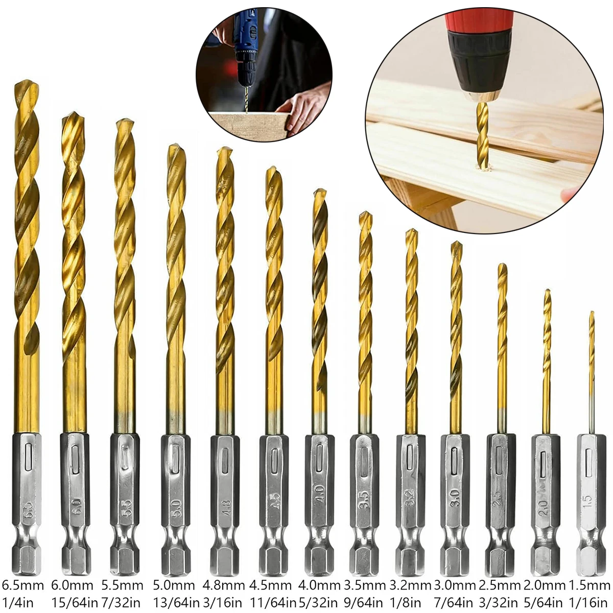

13PC Set High Speed Steel Hexagonal Handle Twist Drill 1.5mm-6.5mm Steel Screw Woodworking Tools Hex Drill Bits