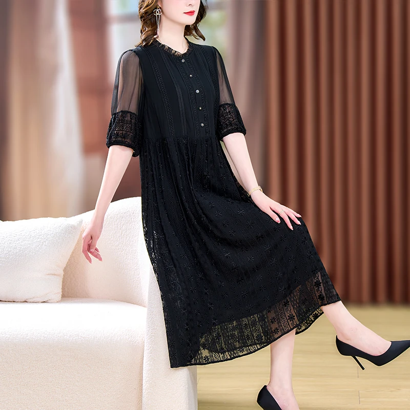 

Summer Fashion Silk Embroidery Dress for Women 2023 New Versatile Round Neck 5/4 Sleeve Loose Fit Casual Holiday Dress Vestidos