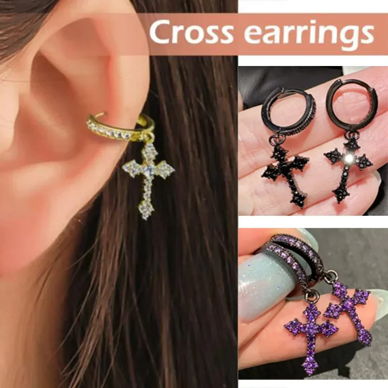 Goth Style Zircon Crystal Cross Drop Dangle Hoop Earrings for Women Men Luxury Fashion Punk Jewelry