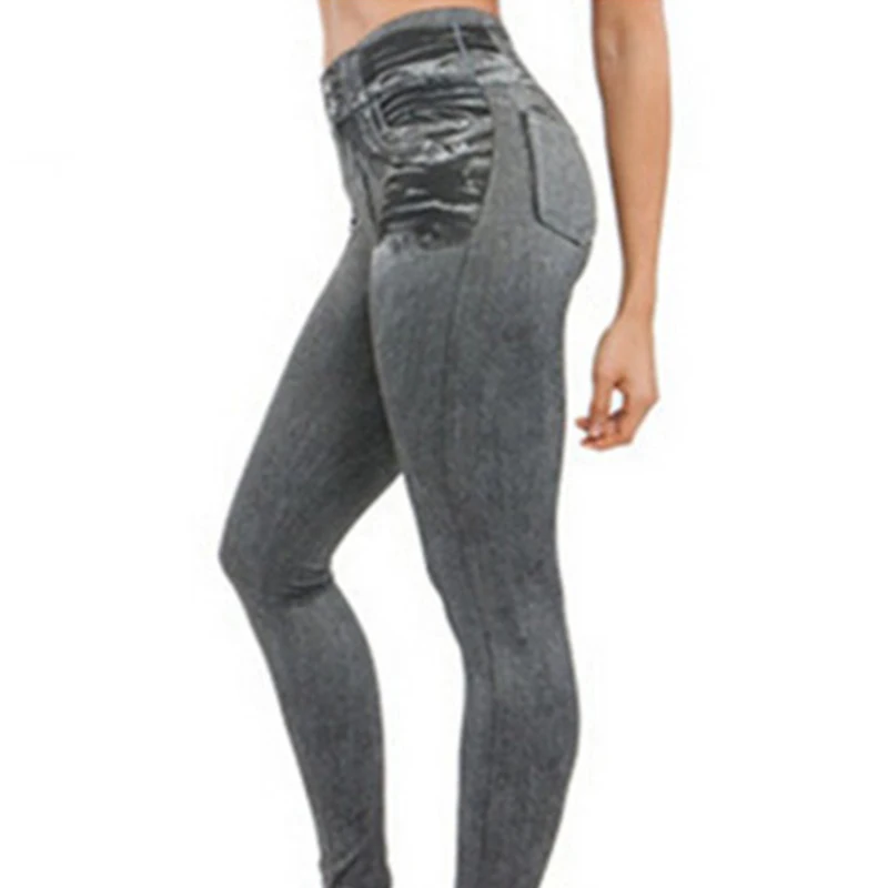 High Waist Elastic Imitation Denim Sports Gymnasium Pencil Pant Casual Trouser Women 's Pants Long Legging Dye Vintage All-match