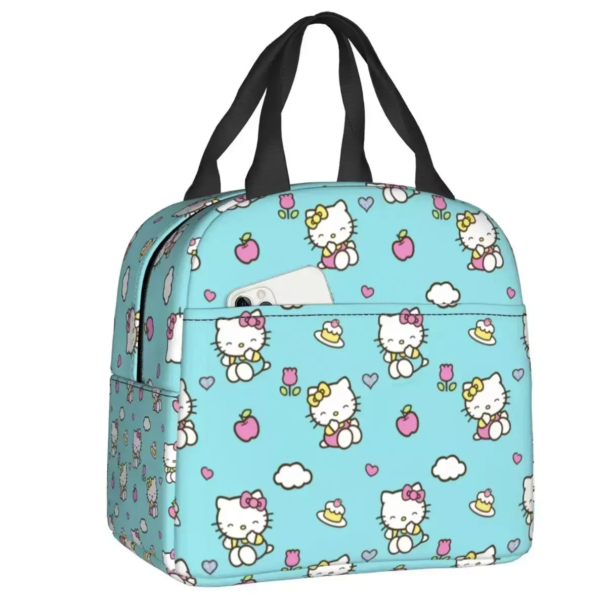 

2024 New Blue Kitties Cat Flower Heart Insulated Lunch Bag For Women Portable Kitten Thermal Cooler Bento Box Office Work School