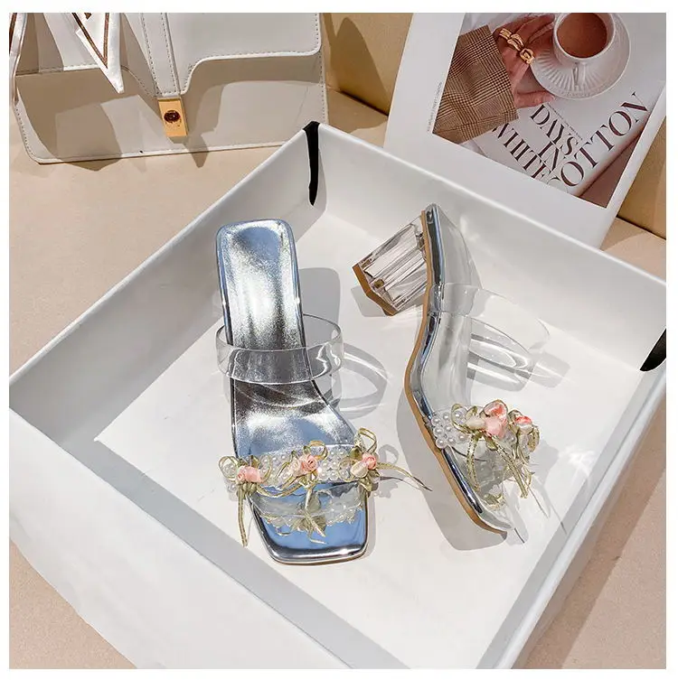 New Fashion Square Head Transparent Thick Heel Sexy Transparent Sandals Simulated Flowers New Trendy Summer Slippers for Women