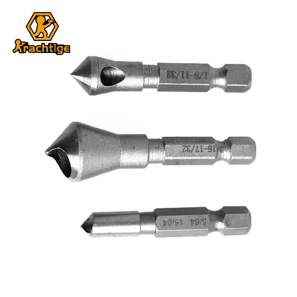 Krachtige 3Pcs 3/16-17/32 1/8-11/32 5/64-15/64 Hex Shank Countersunk Bit Set for Woodworking Deburring Metal Wood Plastic