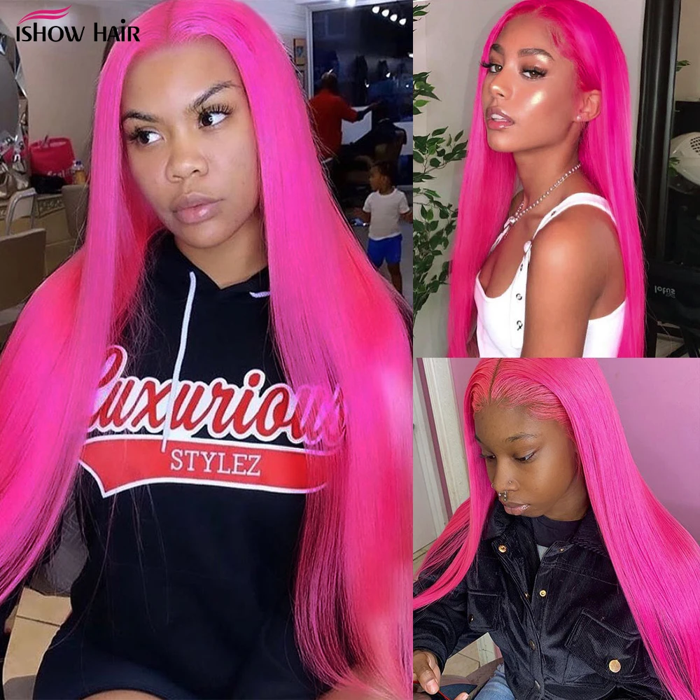 Ishow 30inch Glueless Hot Pink Wig 13x6 HD Transparent Lace Front Human Hair Wigs Colored Straight Human Hair Wigs For Women