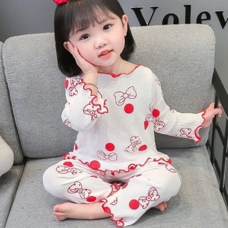 Spring Autumn Children's Bow Print Long Set Girls Comfortable Cute Home Wear Two-Piece Pajamas Sleepwear