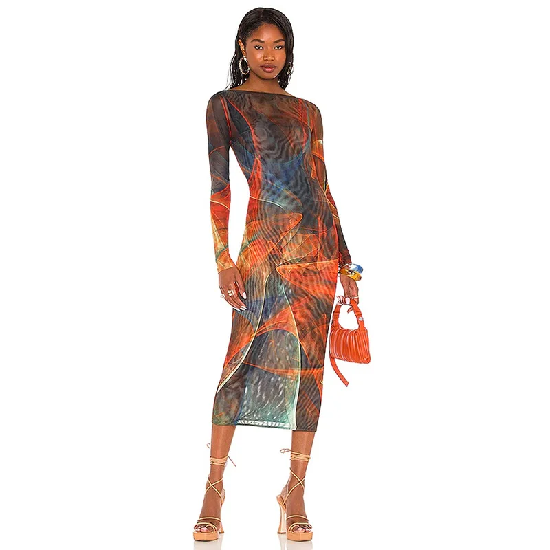 

SKMY Summer Sexy Perspective Dress Printed Off Back Contrast Breathable Mesh Slim Fit Long Dress Off Shoulder Long Sleeves