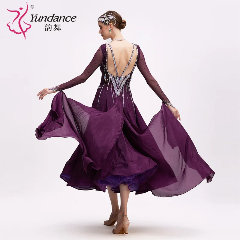 B-24159 Purple Satin Chiffon Ballroom Dance Dress High Quality New Rhinestone Standard Performance Wear Long Ballroom