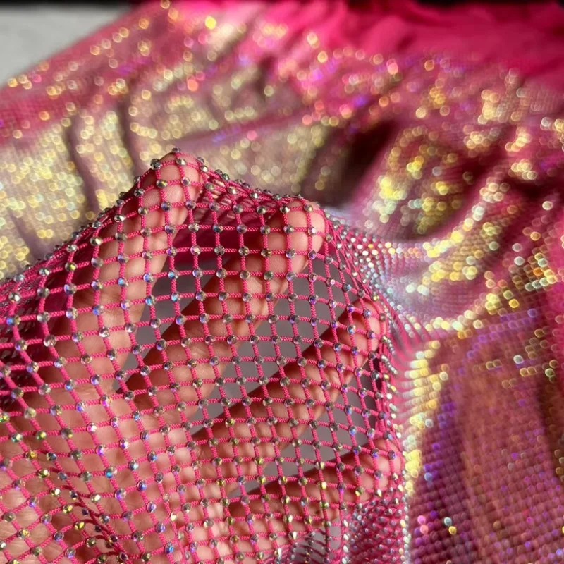 Luxurious High Gloss Elastic Diamond Mesh Fabric with Satin Belt Trim for DIY High-End Dressmaking