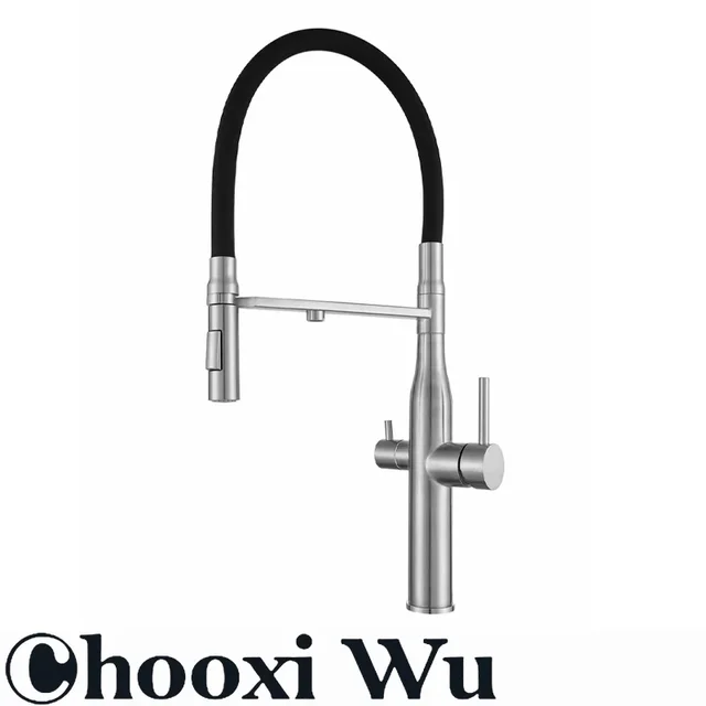 CHOOXIWU - กรองน้ําก๊อกน้ําห้องครัวสีดําดึงลงยืดหยุ่น Sprayer ทองเหลือง 360 หมุน Purification Pure Water Mixer Tap 3 Way ก๊อกน้ํา 5