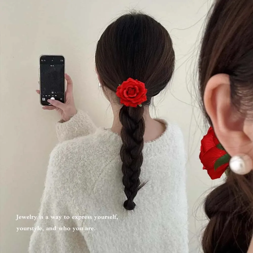 Elegant Retro Red Rose Hair Clip - Floral Hairpin Barrette