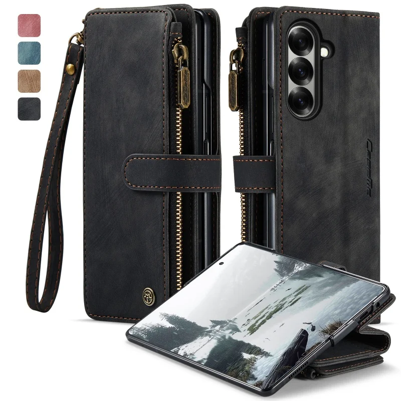 Zipper Leather Wallet Phone Case with Wrist Strap and Card Slots