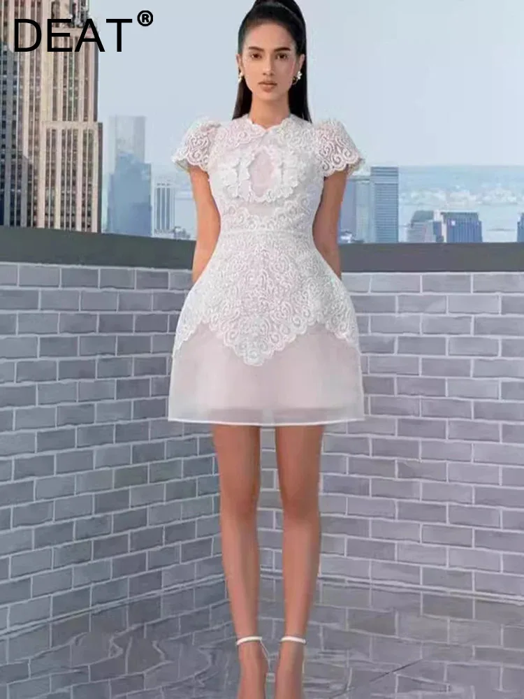 

DEAT women's fashion party dress embroider patchwork mesh waist zipper lace crochet elegant dresses summer 2024 new