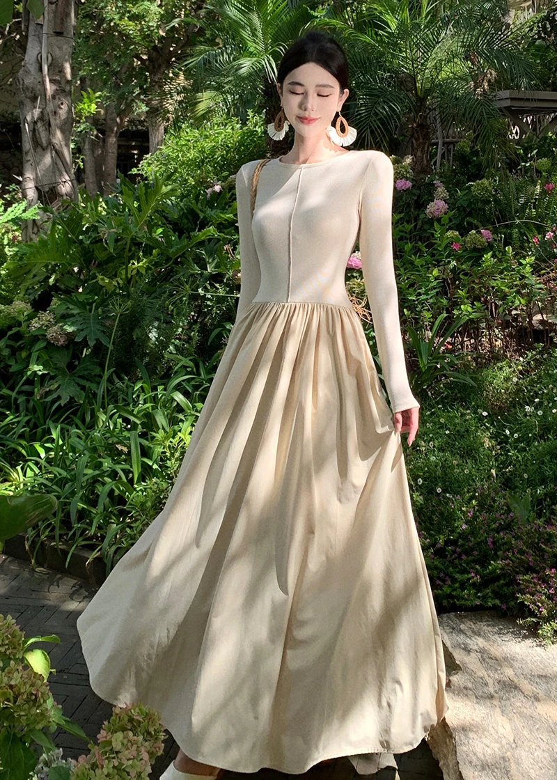 Vestidos largos informales de retazos para mujer, cuello redondo, mangas largas, corte en A, otoño primavera, moda coreana, vestidos de una pieza para mujer, nuevos