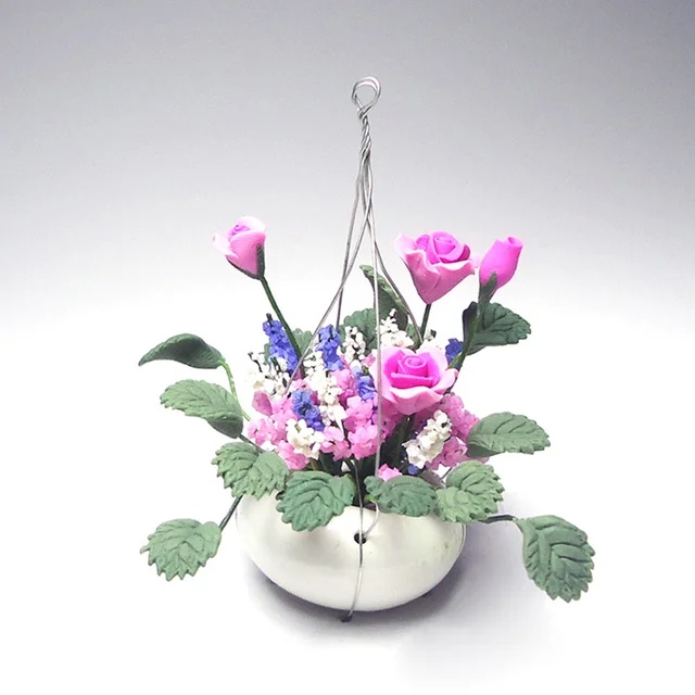 1PC 1/12 Mini House Potting Adornment Mini Rose Hanging Basket Flower Arrangement Model for Home Decor (Pink+Green) 4