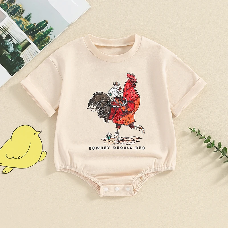 

2024-02-01 Lioraitiin 0-18M Newborn Baby Boys Summer Romper Infant Short Sleeve Crew Neck Letter Rooster Print Casual Rompers