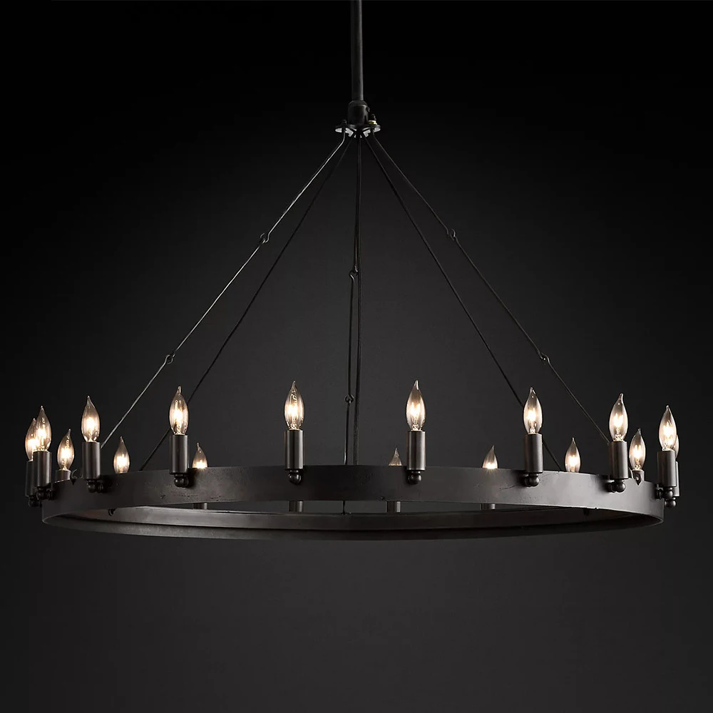 

Round antique chandelier candle bulb simple iron farm family lighting black living room American chandelier