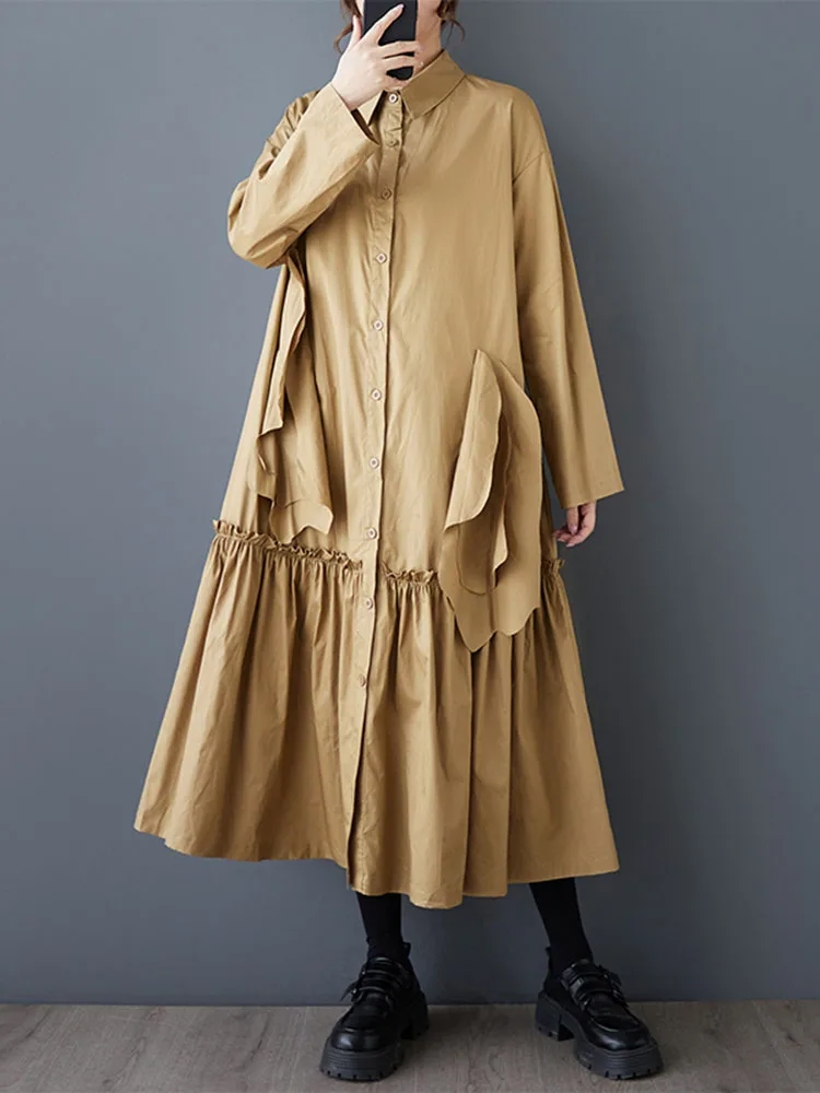 2025 Spring Autumn New Black Vintage Pleated Shirt Dresses For Women Ruffles Long Sleeve Loose Casual Dress Fashion Clothing