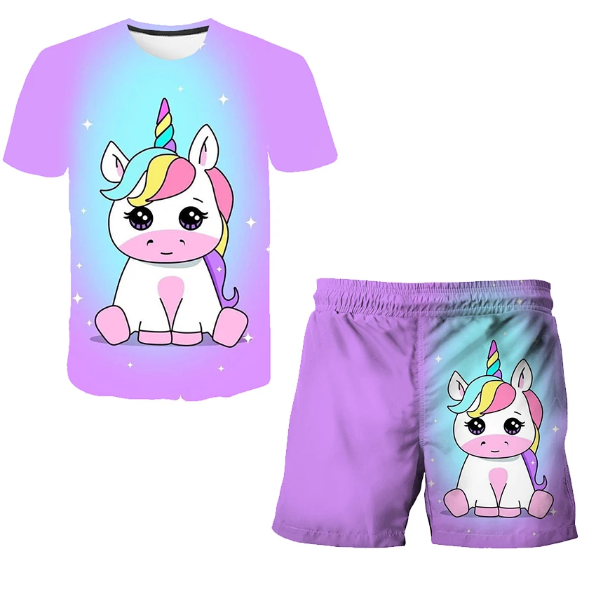 Fashion Kids Unicorn Clothes Set Girl Princess Casual T Shirts + Child Short Trousers 2pcs Girls Children Clothing Outfits 4-14Y clothing kid suit